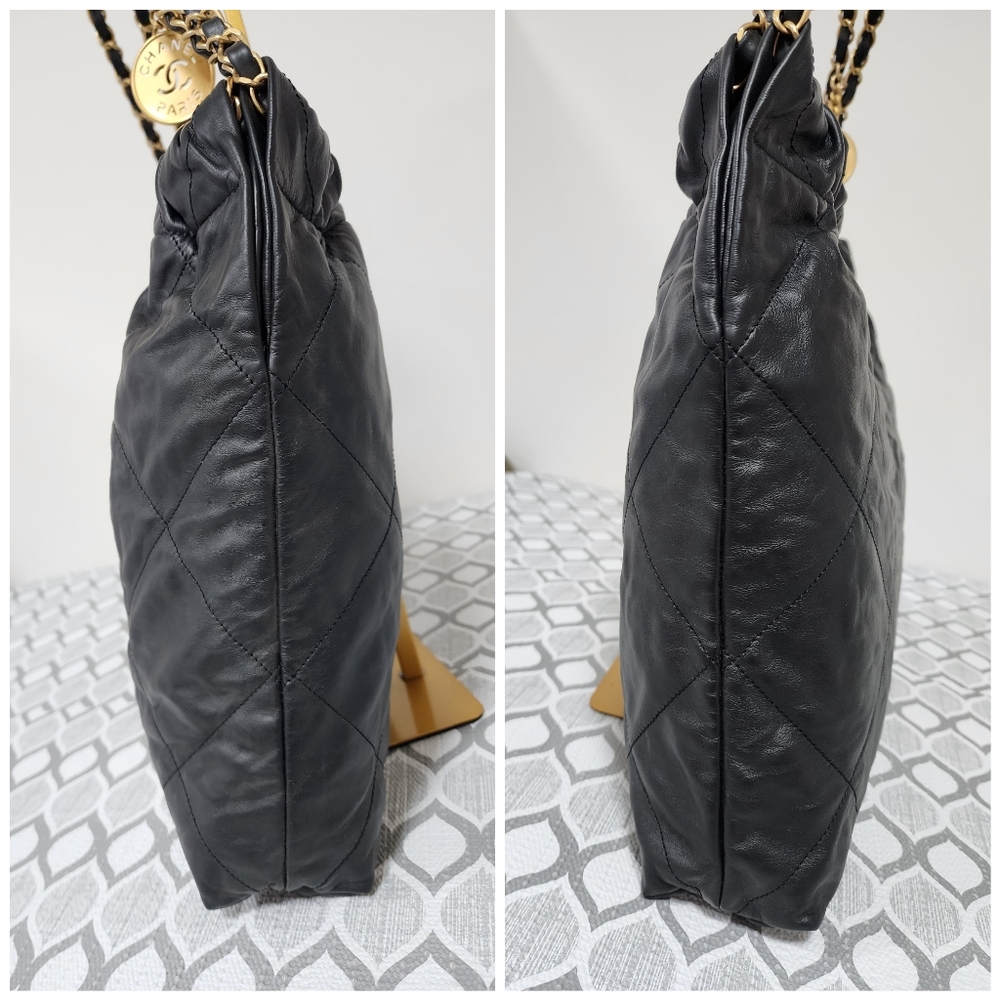 CHANEL Quilted Shiny Calfskin Leather 22 Hobo Bag Black - Picture 10 of 15